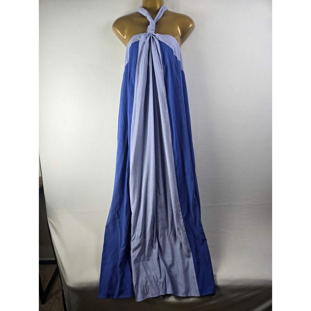 Nine West Halter Maxi Dress Blue Lavender Colorblock Gown Coastal Womens M